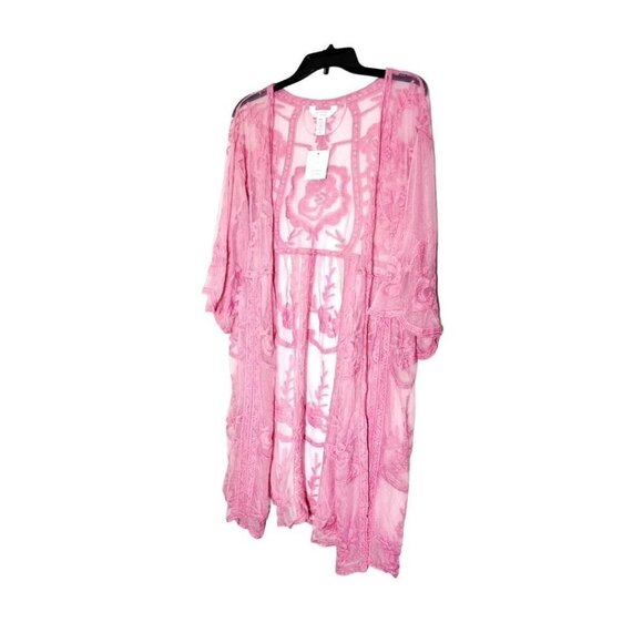 LC Lauren Conrad Womens Pink Sheer Lace Open Front Long Duster Sz OS New - Picture 2 of 7